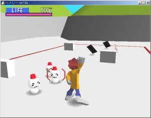ゲーム中の画面。中心にいるのがPCで、雪だるまが敵です。