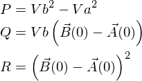 P = vb^2 - va^2、Q = vb * ( B(0) - A(0) )、R = ( B(0) - A(0) )^2